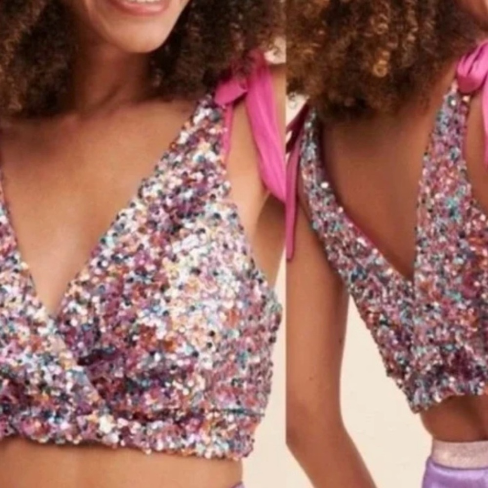 Intimately Free People Big Night Sequin Tie Shoulder Crop Top halter Sz Small - Picture 2 of 7